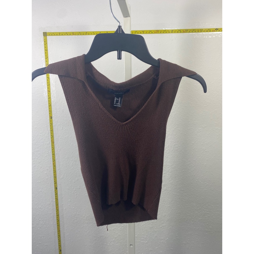 Forever 21‎ Womens Brown Ribbed Knit V-Neck Collared Sweater Vest Size Medium